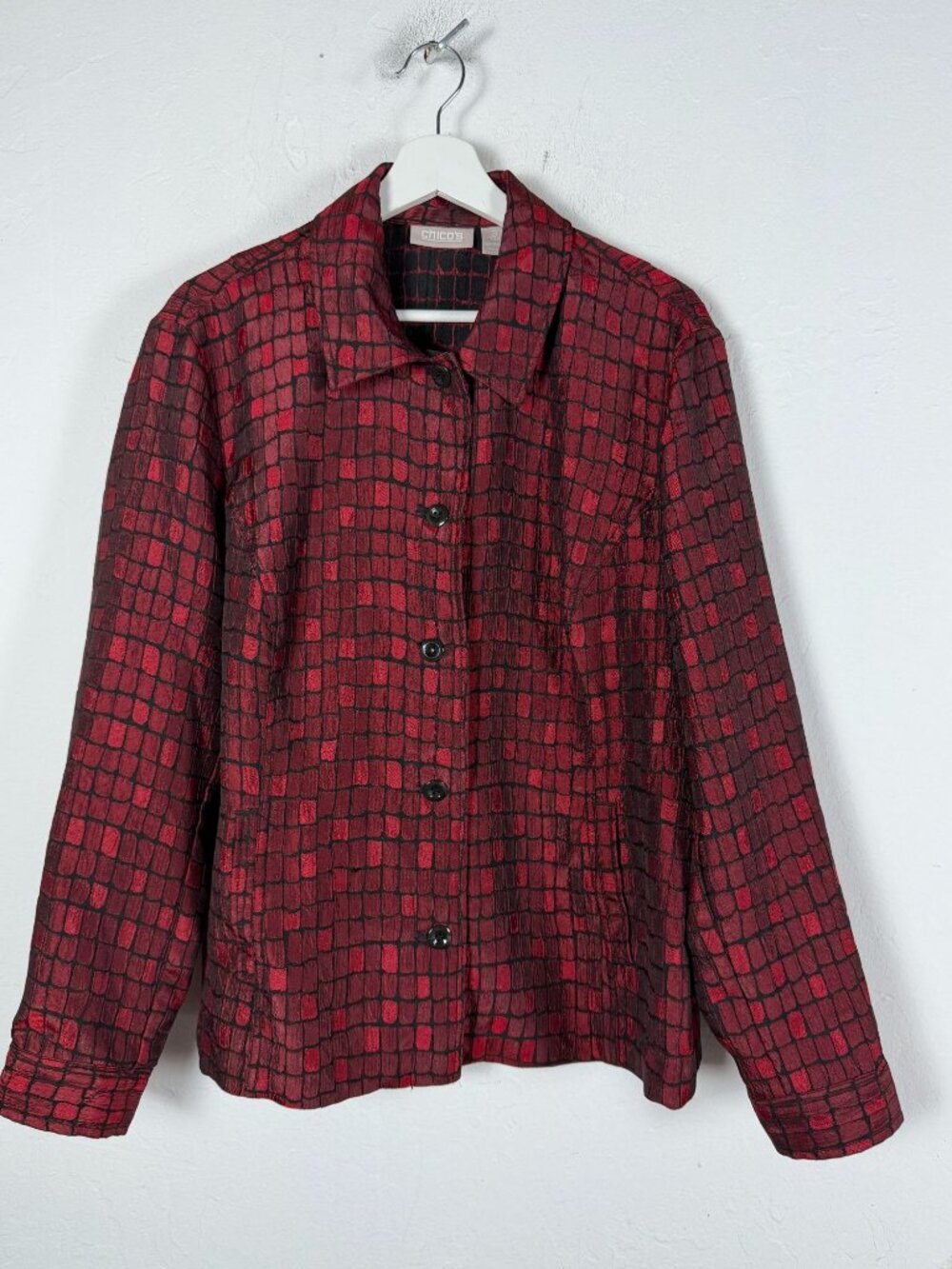 Chico's Womens Red Black Croc Print Button Front Jacket Size 3 (XL) Lightweight